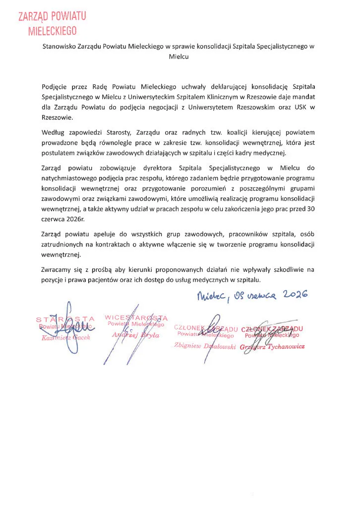 Zarząd Powiatu Mieleckiego odnosi się do konsolidacji Szpitala Specjalistycznego w Mielcu