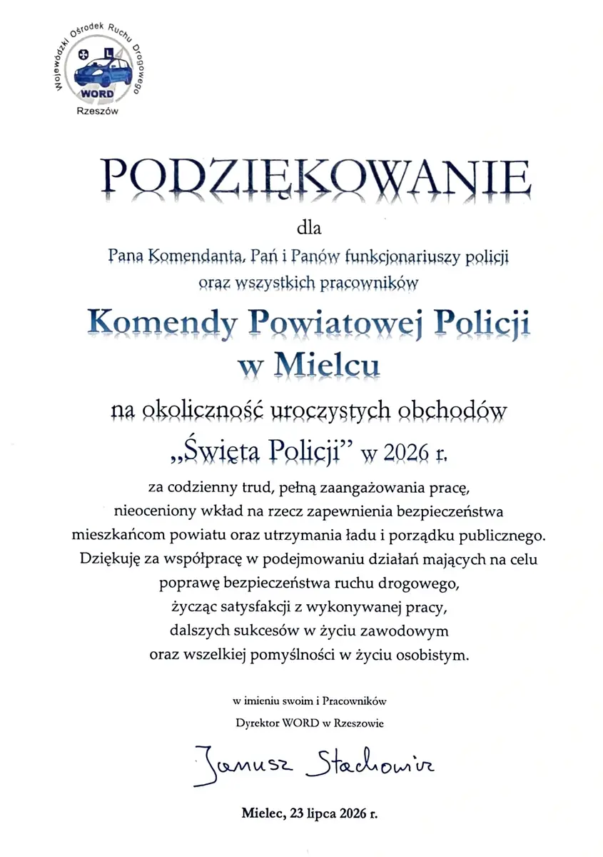 Życzenia i podziękowania dla policjantów z Mielca