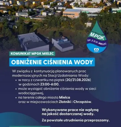 Obniżenie ciśnienia wody w Mielcu - komunikat MPGK